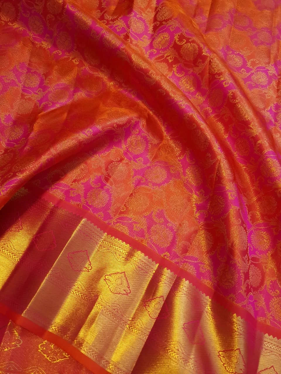 2G Pure Kanjivaram Silk Saree in Vibrant Orange with Pink Floral Brocade, Rich Gold Zari Border & Traditional Zari Pallu | Silkmark Certified
