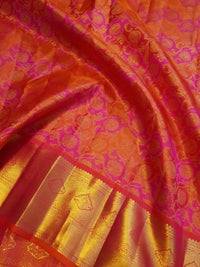 2G Pure Kanjivaram Silk Saree in Vibrant Orange with Pink Floral Brocade, Rich Gold Zari Border & Traditional Zari Pallu | Silkmark Certified