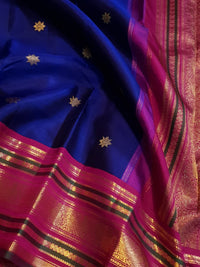 2G Pure Kanjivaram Silk Saree in Royal Blue with Magenta Pink Peacock Zari Border | Silkmark Certified