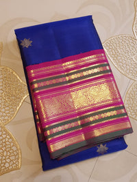 2G Pure Kanjivaram Silk Saree in Royal Blue with Magenta Pink Peacock Zari Border | Silkmark Certified