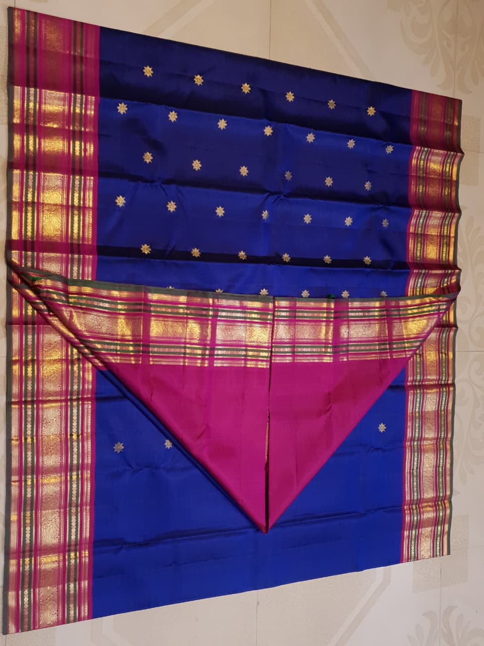 2G Pure Kanjivaram Silk Saree in Royal Blue with Magenta Pink Peacock Zari Border | Silkmark Certified