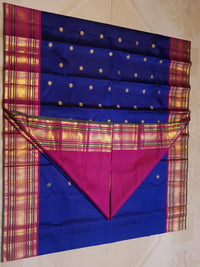 2G Pure Kanjivaram Silk Saree in Royal Blue with Magenta Pink Peacock Zari Border | Silkmark Certified