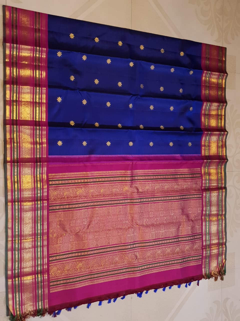 2G Pure Kanjivaram Silk Saree in Royal Blue with Magenta Pink Peacock Zari Border | Silkmark Certified
