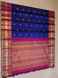 2G Pure Kanjivaram Silk Saree in Royal Blue with Magenta Pink Peacock Zari Border | Silkmark Certified