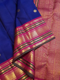 2G Pure Kanjivaram Silk Saree in Royal Blue with Magenta Pink Peacock Zari Border | Silkmark Certified