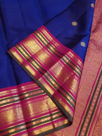 2G Pure Kanjivaram Silk Saree in Royal Blue with Magenta Pink Peacock Zari Border | Silkmark Certified