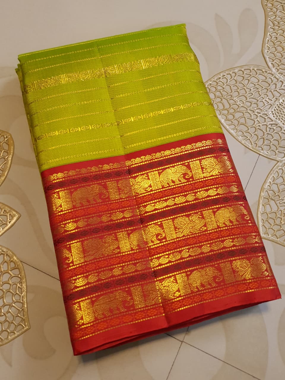 2G Pure Kanjivaram Silk Saree in Lime Green with Red Elephant & Peacock Zari Border and Rich Zari Pallu | Silkmark Certified