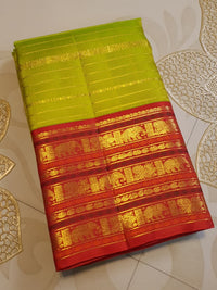 2G Pure Kanjivaram Silk Saree in Lime Green with Red Elephant & Peacock Zari Border and Rich Zari Pallu | Silkmark Certified