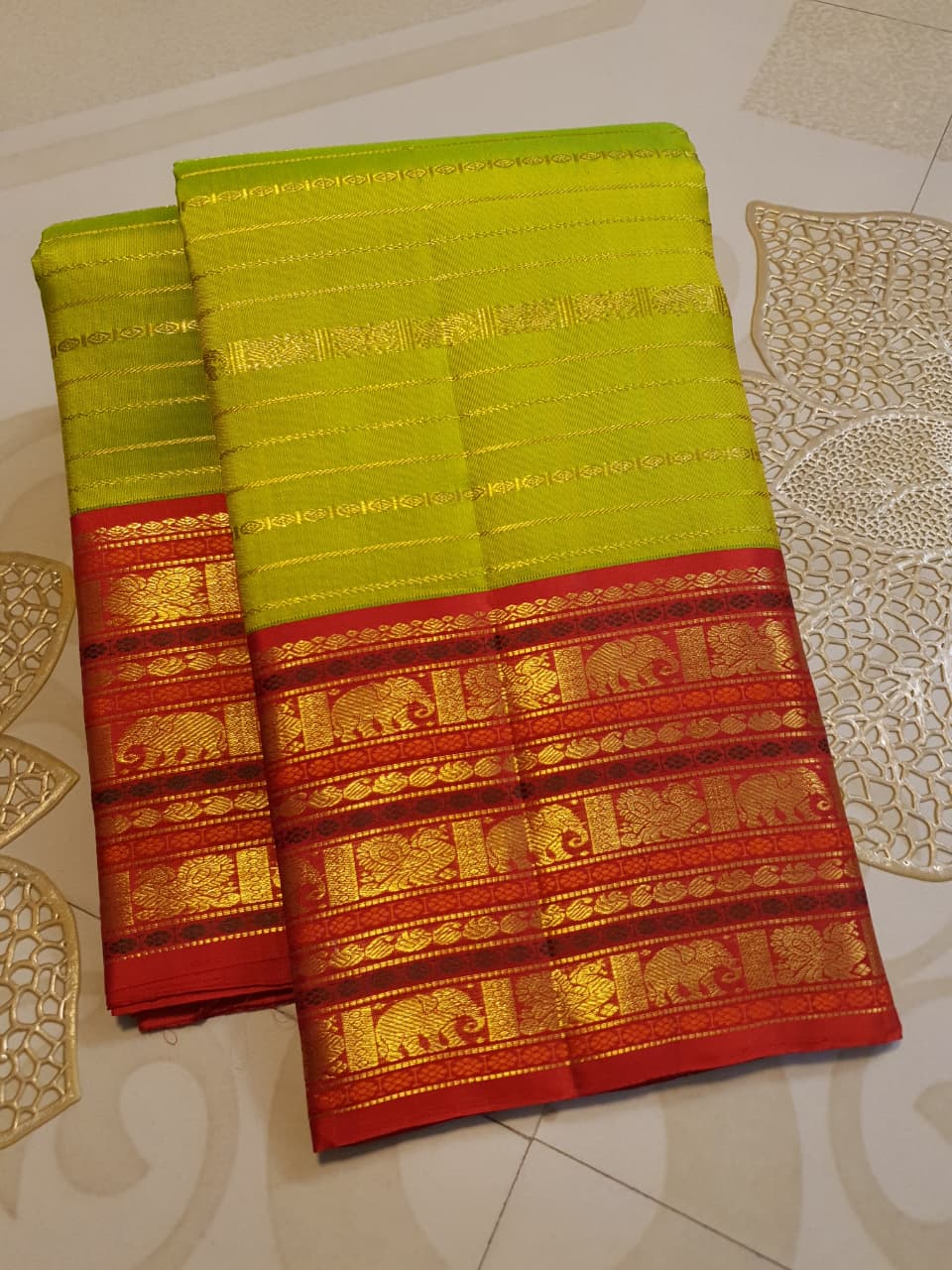 2G Pure Kanjivaram Silk Saree in Lime Green with Red Elephant & Peacock Zari Border and Rich Zari Pallu | Silkmark Certified