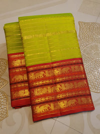 2G Pure Kanjivaram Silk Saree in Lime Green with Red Elephant & Peacock Zari Border and Rich Zari Pallu | Silkmark Certified