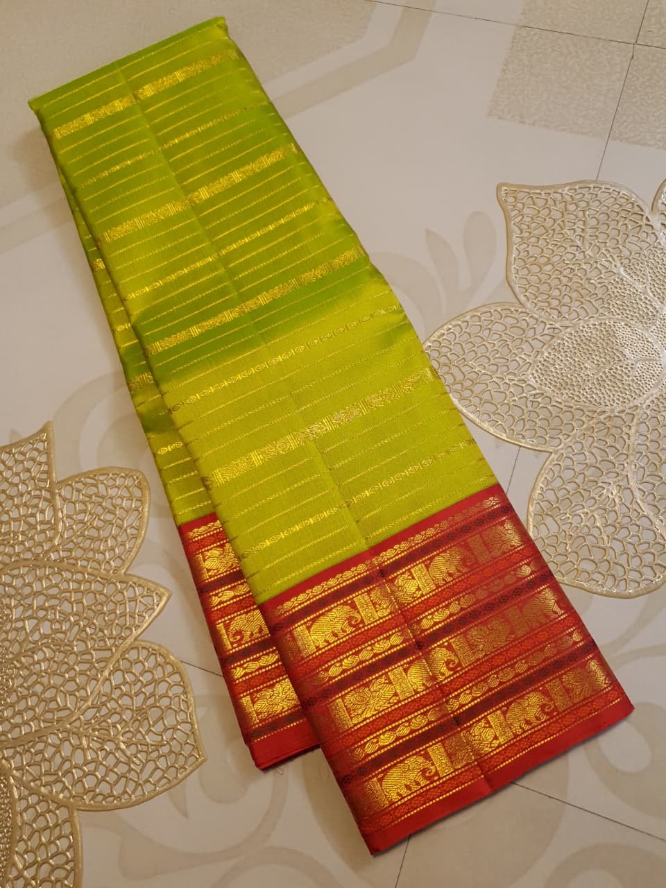 2G Pure Kanjivaram Silk Saree in Lime Green with Red Elephant & Peacock Zari Border and Rich Zari Pallu | Silkmark Certified
