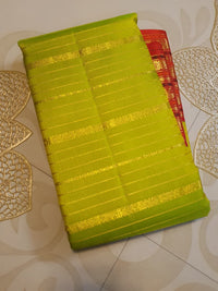 2G Pure Kanjivaram Silk Saree in Lime Green with Red Elephant & Peacock Zari Border and Rich Zari Pallu | Silkmark Certified