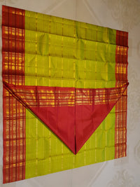 2G Pure Kanjivaram Silk Saree in Lime Green with Red Elephant & Peacock Zari Border and Rich Zari Pallu | Silkmark Certified