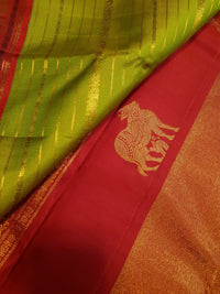 2G Pure Kanjivaram Silk Saree in Lime Green with Red Elephant & Peacock Zari Border and Rich Zari Pallu | Silkmark Certified