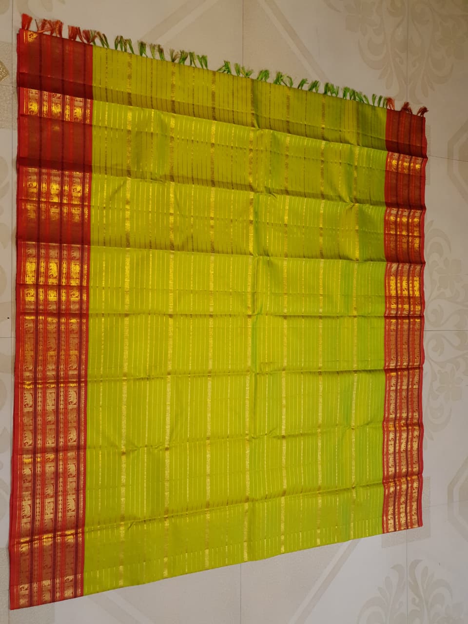 2G Pure Kanjivaram Silk Saree in Lime Green with Red Elephant & Peacock Zari Border and Rich Zari Pallu | Silkmark Certified