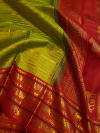 2G Pure Kanjivaram Silk Saree in Lime Green with Red Elephant & Peacock Zari Border and Rich Zari Pallu | Silkmark Certified
