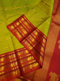 2G Pure Kanjivaram Silk Saree in Lime Green with Red Elephant & Peacock Zari Border and Rich Zari Pallu | Silkmark Certified