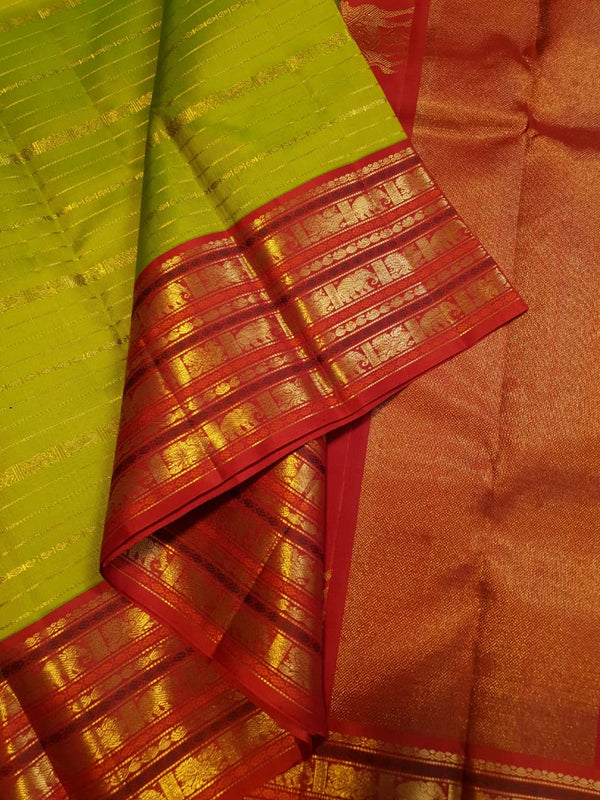 2G Pure Kanjivaram Silk Saree in Lime Green with Red Elephant & Peacock Zari Border and Rich Zari Pallu | Silkmark Certified