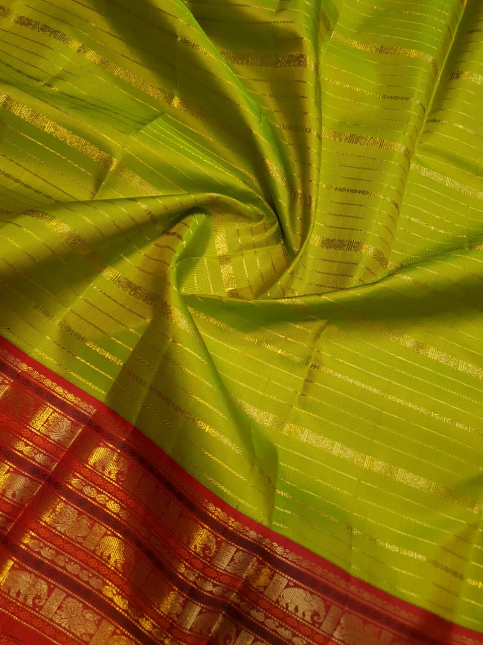 2G Pure Kanjivaram Silk Saree in Lime Green with Red Elephant & Peacock Zari Border and Rich Zari Pallu | Silkmark Certified