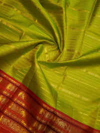 2G Pure Kanjivaram Silk Saree in Lime Green with Red Elephant & Peacock Zari Border and Rich Zari Pallu | Silkmark Certified