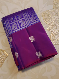 2G Pure Zari Kanjivaram Silk Saree in Purple with Magenta Border and Silver Zari Elephant & Floral Checks | Silkmark Certified