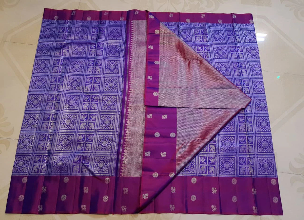 2G Pure Zari Kanjivaram Silk Saree in Purple with Magenta Border and Silver Zari Elephant & Floral Checks | Silkmark Certified