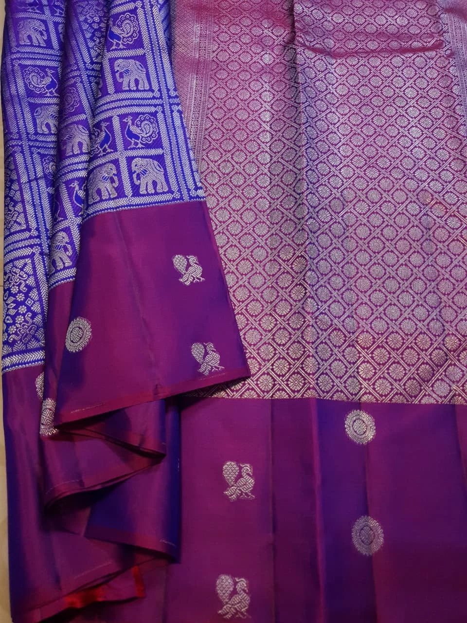 2G Pure Zari Kanjivaram Silk Saree in Purple with Magenta Border and Silver Zari Elephant & Floral Checks | Silkmark Certified