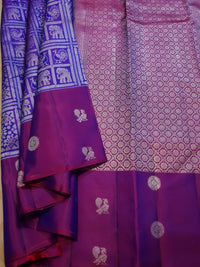 2G Pure Zari Kanjivaram Silk Saree in Purple with Magenta Border and Silver Zari Elephant & Floral Checks | Silkmark Certified