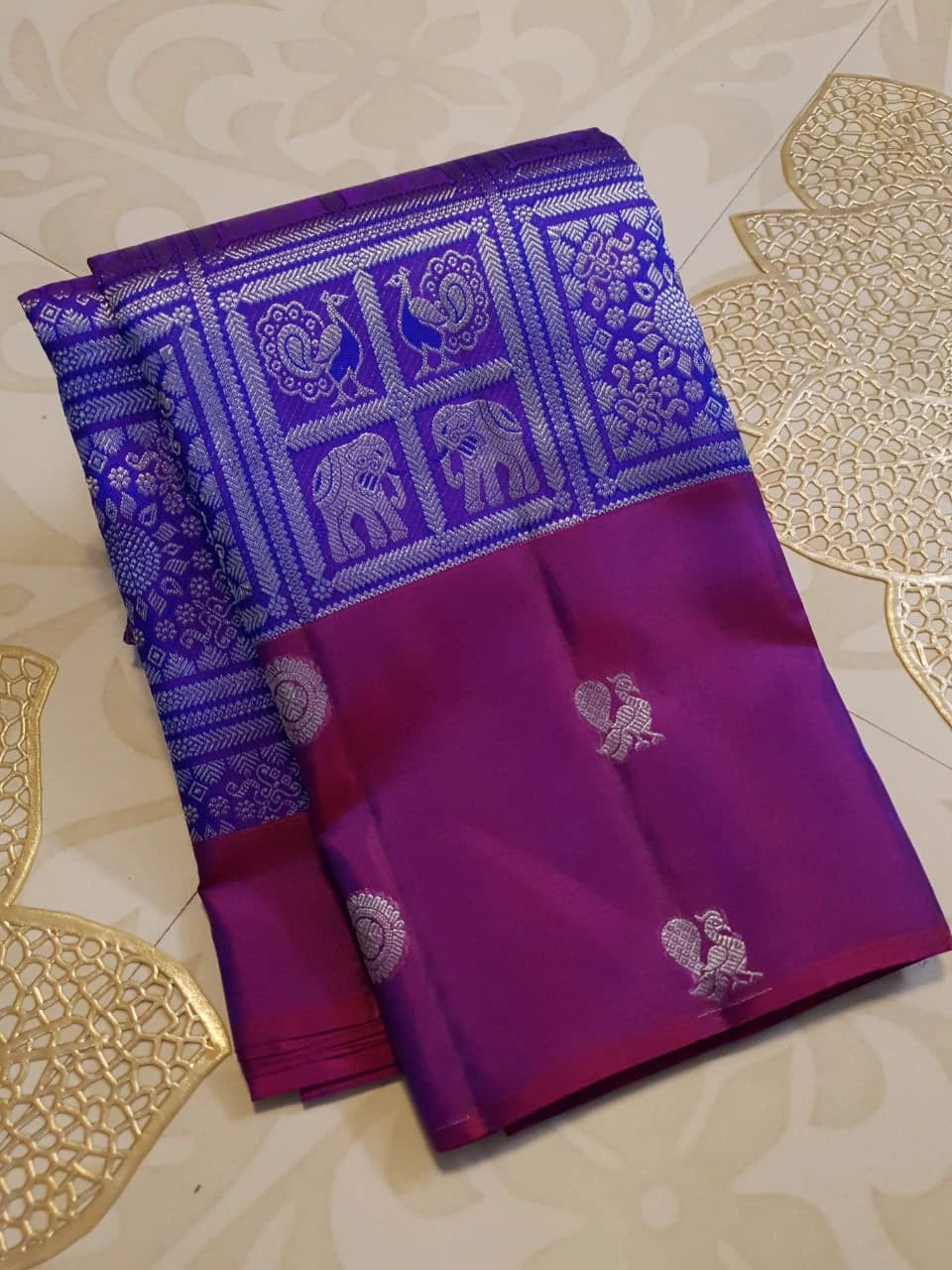 2G Pure Zari Kanjivaram Silk Saree in Purple with Magenta Border and Silver Zari Elephant & Floral Checks | Silkmark Certified