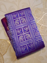 2G Pure Zari Kanjivaram Silk Saree in Purple with Magenta Border and Silver Zari Elephant & Floral Checks | Silkmark Certified