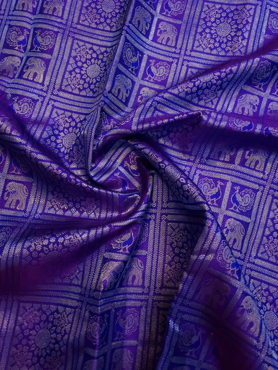 2G Pure Zari Kanjivaram Silk Saree in Purple with Magenta Border and Silver Zari Elephant & Floral Checks | Silkmark Certified