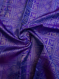 2G Pure Zari Kanjivaram Silk Saree in Purple with Magenta Border and Silver Zari Elephant & Floral Checks | Silkmark Certified