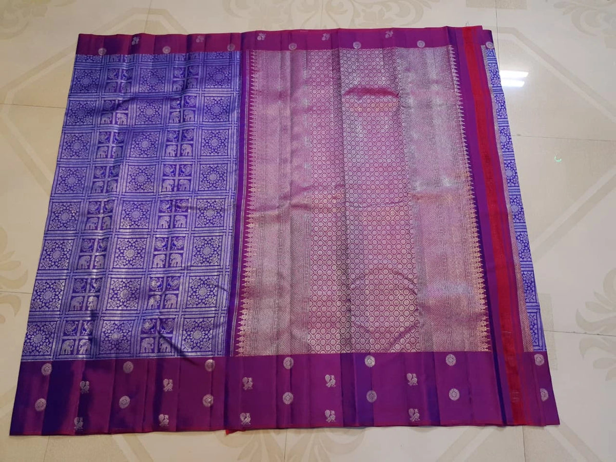 2G Pure Zari Kanjivaram Silk Saree in Purple with Magenta Border and Silver Zari Elephant & Floral Checks | Silkmark Certified