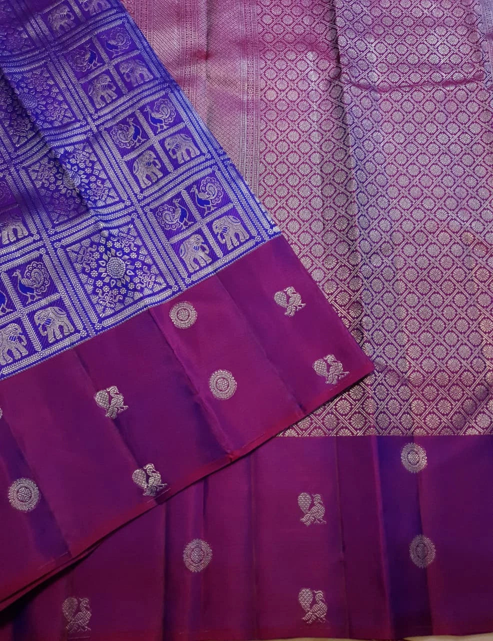 2G Pure Zari Kanjivaram Silk Saree in Purple with Magenta Border and Silver Zari Elephant & Floral Checks | Silkmark Certified