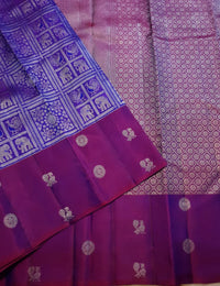 2G Pure Zari Kanjivaram Silk Saree in Purple with Magenta Border and Silver Zari Elephant & Floral Checks | Silkmark Certified