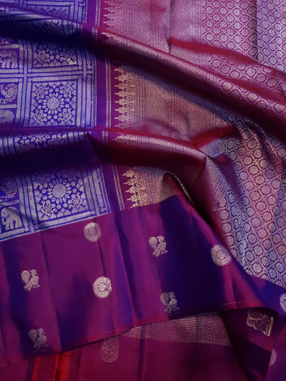 2G Pure Zari Kanjivaram Silk Saree in Purple with Magenta Border and Silver Zari Elephant & Floral Checks | Silkmark Certified