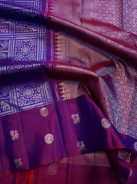 2G Pure Zari Kanjivaram Silk Saree in Purple with Magenta Border and Silver Zari Elephant & Floral Checks | Silkmark Certified