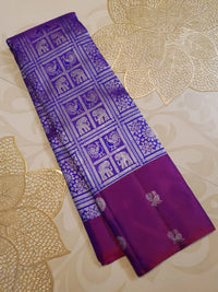 2G Pure Zari Kanjivaram Silk Saree in Purple with Magenta Border and Silver Zari Elephant & Floral Checks | Silkmark Certified
