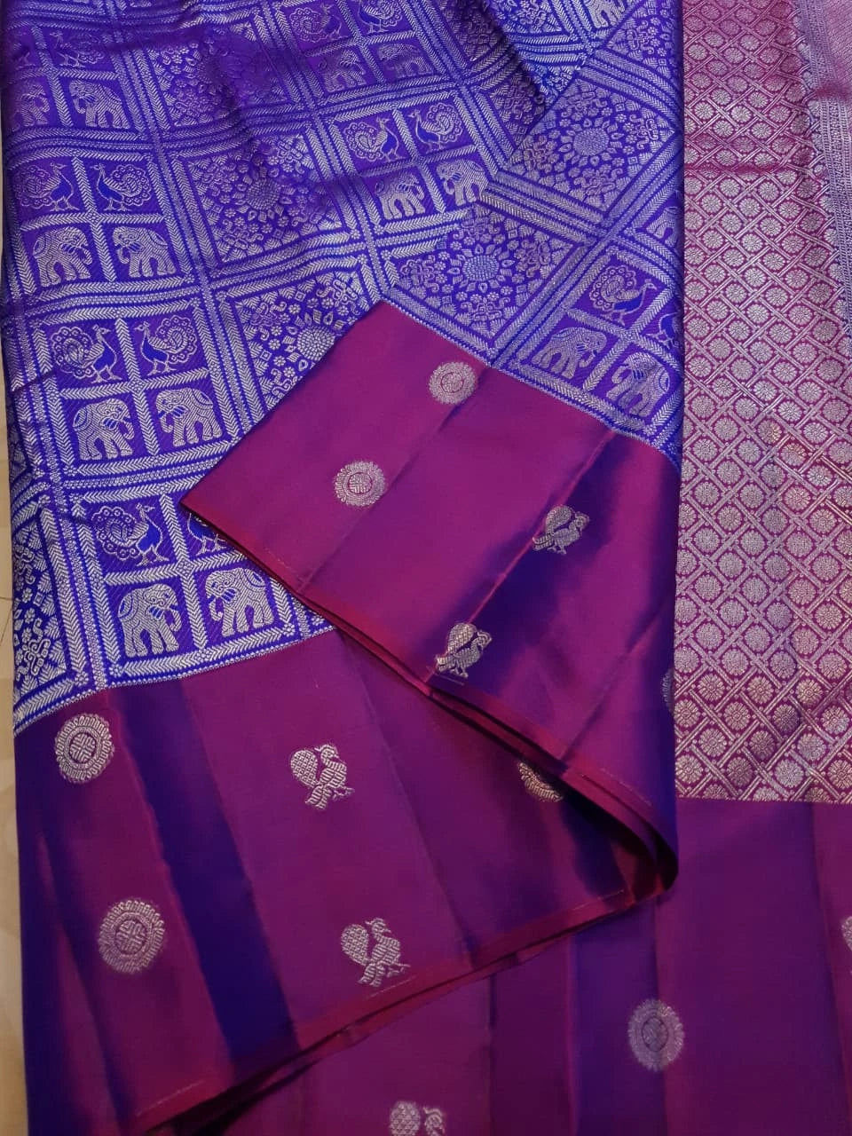 2G Pure Zari Kanjivaram Silk Saree in Purple with Magenta Border and Silver Zari Elephant & Floral Checks | Silkmark Certified