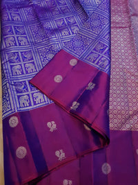 2G Pure Zari Kanjivaram Silk Saree in Purple with Magenta Border and Silver Zari Elephant & Floral Checks | Silkmark Certified