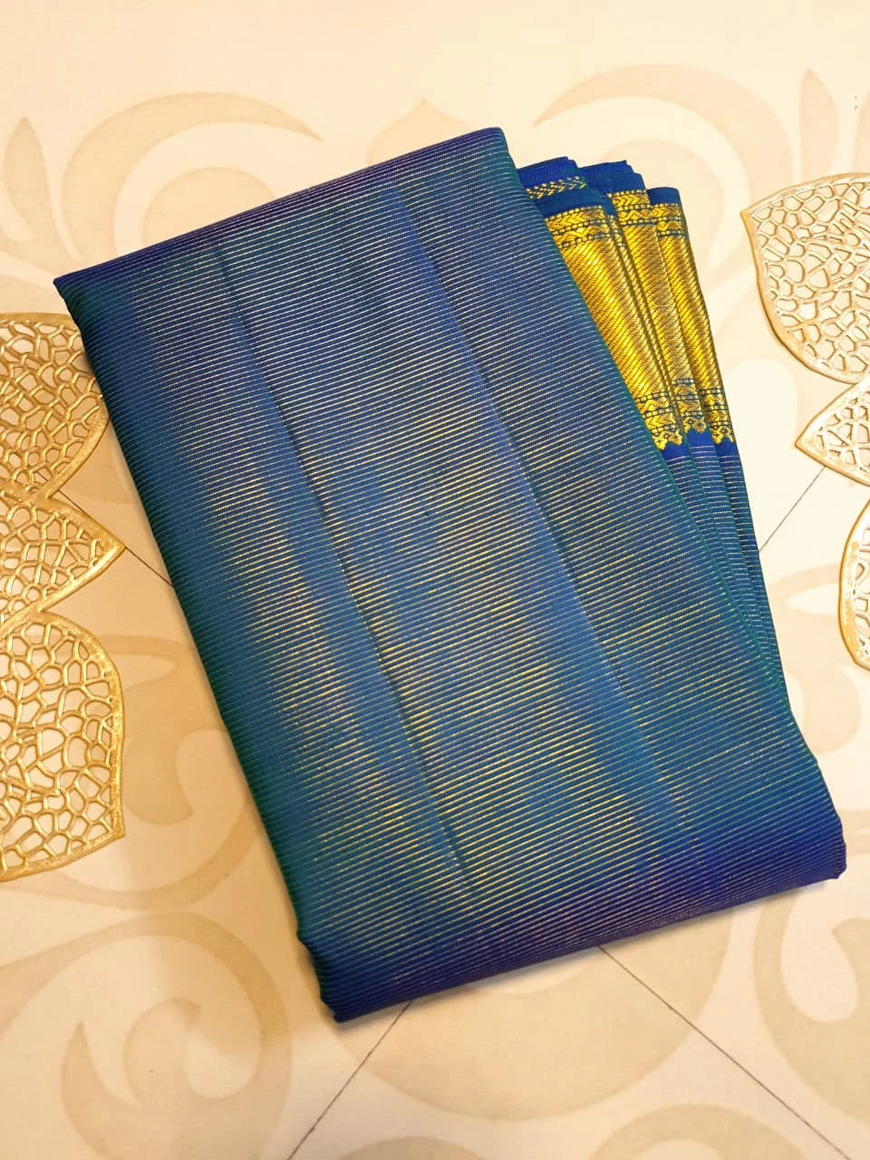 2G Pure Zari Kanjivaram Silk Saree in Deep Navy Blue with Rich Gold Zari Border and Traditional Geometric Zari Pallu | Silkmark Certified