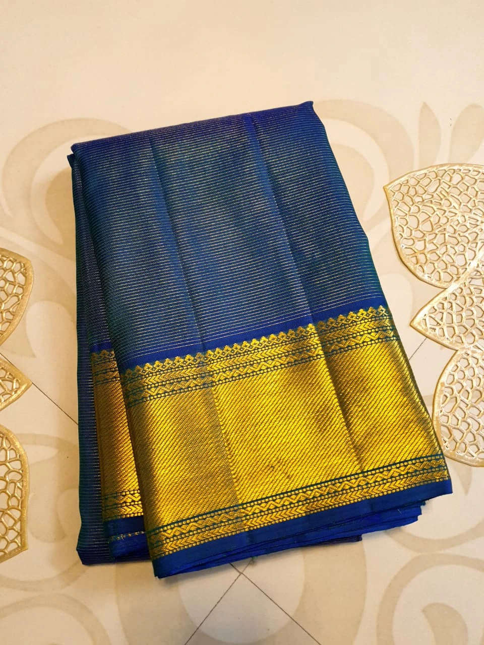 2G Pure Zari Kanjivaram Silk Saree in Deep Navy Blue with Rich Gold Zari Border and Traditional Geometric Zari Pallu | Silkmark Certified