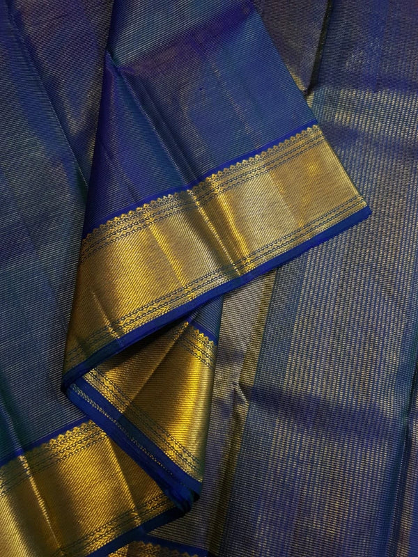 2G Pure Zari Kanjivaram Silk Saree in Deep Navy Blue with Rich Gold Zari Border and Traditional Geometric Zari Pallu | Silkmark Certified