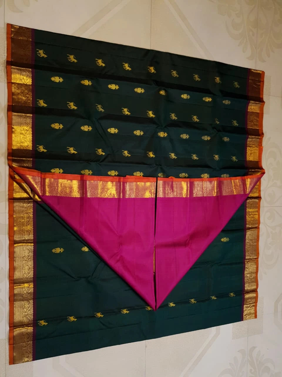 2G Pure Kanjivaram Silk Saree in Deep Bottle Green with Gold Zari Horse Buttas and Maroon Traditional Peacock Zari Border | Silkmark Certified