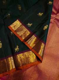 2G Pure Kanjivaram Silk Saree in Deep Bottle Green with Gold Zari Horse Buttas and Maroon Traditional Peacock Zari Border | Silkmark Certified