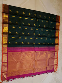 2G Pure Kanjivaram Silk Saree in Deep Bottle Green with Gold Zari Horse Buttas and Maroon Traditional Peacock Zari Border | Silkmark Certified