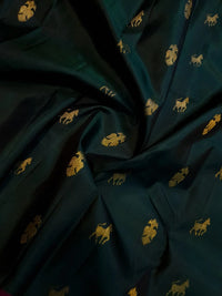 2G Pure Kanjivaram Silk Saree in Deep Bottle Green with Gold Zari Horse Buttas and Maroon Traditional Peacock Zari Border | Silkmark Certified