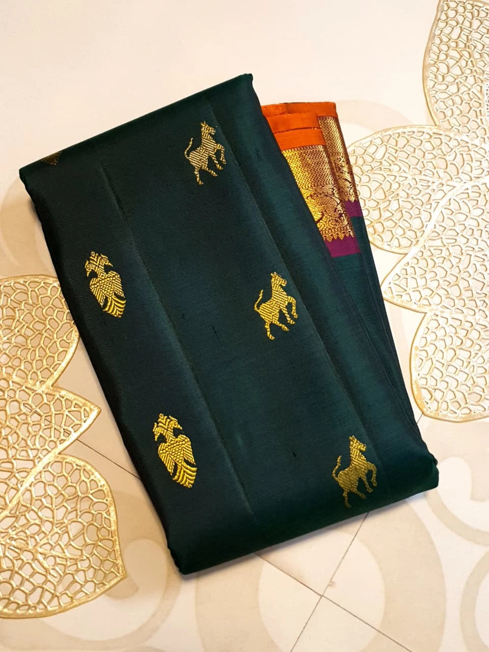 2G Pure Kanjivaram Silk Saree in Deep Bottle Green with Gold Zari Horse Buttas and Maroon Traditional Peacock Zari Border | Silkmark Certified