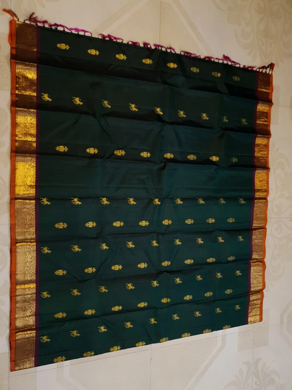 2G Pure Kanjivaram Silk Saree in Deep Bottle Green with Gold Zari Horse Buttas and Maroon Traditional Peacock Zari Border | Silkmark Certified