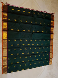 2G Pure Kanjivaram Silk Saree in Deep Bottle Green with Gold Zari Horse Buttas and Maroon Traditional Peacock Zari Border | Silkmark Certified
